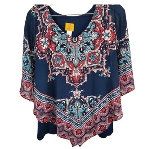 Ruby Rd. Navy Blue Printed V-Neck Blouse with Red & Teal Accents Size PL